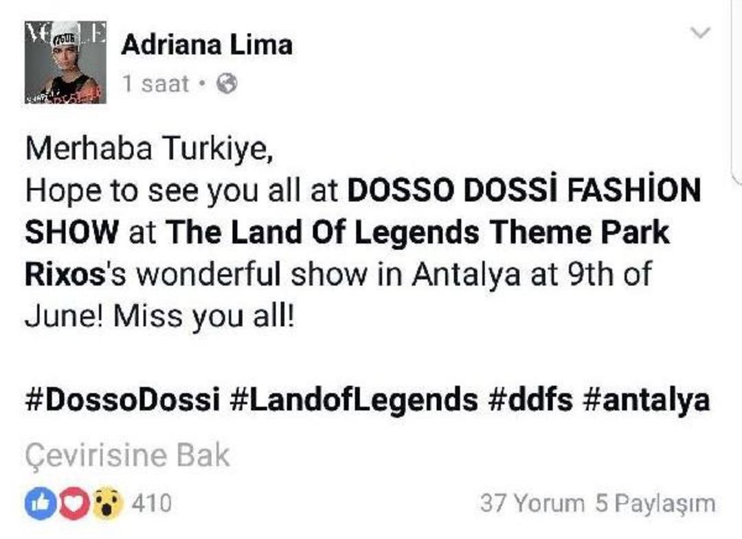 Adriana Lima'dan T&uuml;rkiye Mesajı: Hepinizi &Ouml;zledim