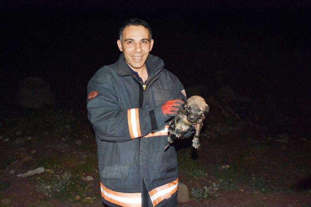 4 Metrelik Kanala D&uuml;şen Yavru K&ouml;peği İtfaiye Kurtardı