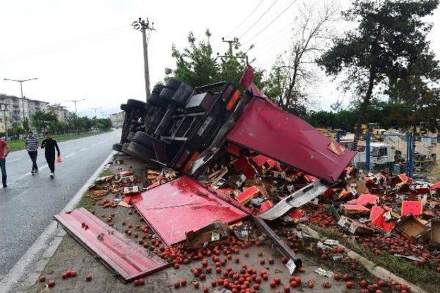 Kamyon Kaldırıma Devrildi, Tonlarca Domates Çevreye Saçıldı