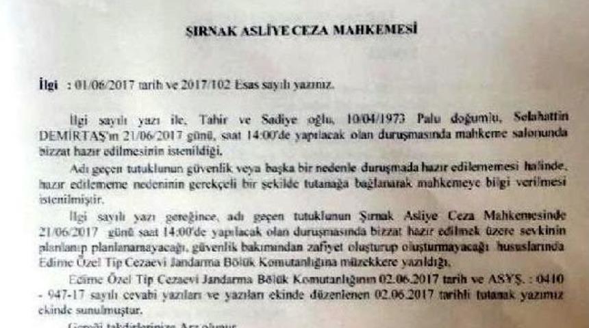 Mahkeme Demirtaş'ı Şırnak'a Istedi, Jandarma 'g&uuml;venlik Riski Var' Dedi