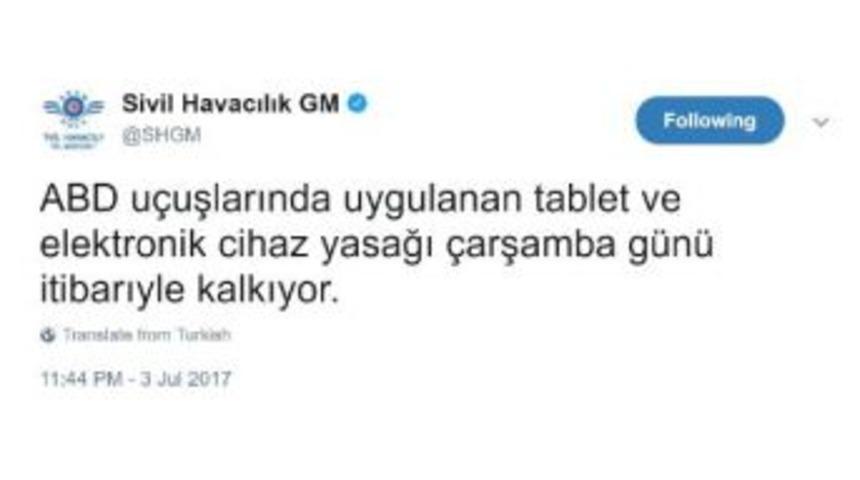 Shgm: Elektronik Cihaz Yasağı Yarın Kalkıyor