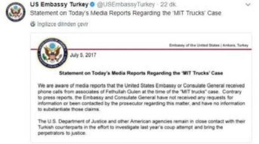Us Embassy Denies Reports On Turkish Intel Trucks Case