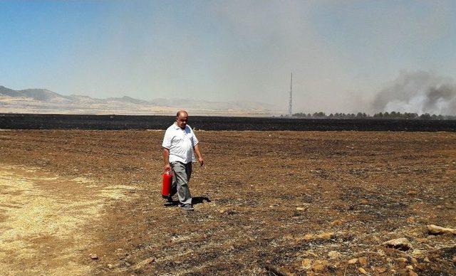 Hastaneye Sıçrama Tehlikesi Olan Anız Yangınına Yangın Tüpleriyle Müdahale Edildi