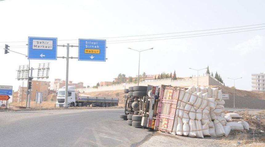 Cizre&rsquo;de Virajı Alamayan Saman Y&uuml;kl&uuml; Kamyon Kaza Yaptı
