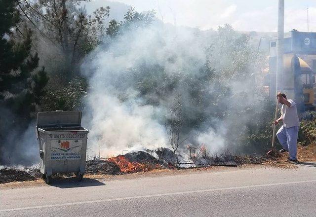 Yol Kenarında Tutuşan Otlar Korkuttu