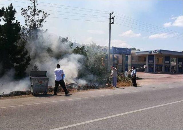 Yol Kenarında Tutuşan Otlar Korkuttu