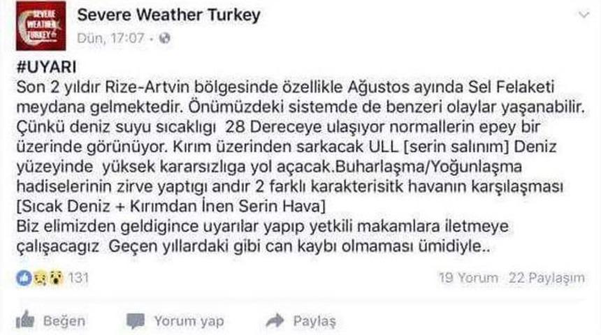 Rize Ve Artvin İ&ccedil;in Sosyal Medyadan Sel Ve Afet Uyarısı