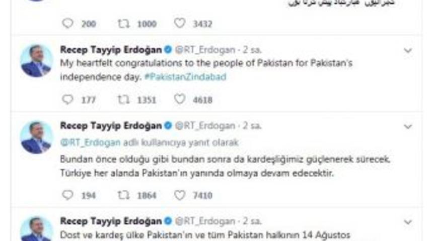 Cumhurbaşkanı Erdoğan&rsquo;dan Pakistan&rsquo;a Kutlama Mesajı