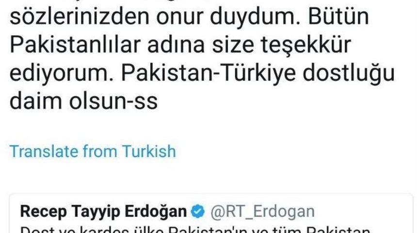 Cumhurbaşkanı Erdoğan&rsquo;ın Pakistan&rsquo;a Kutlama Mesajına Cevap
