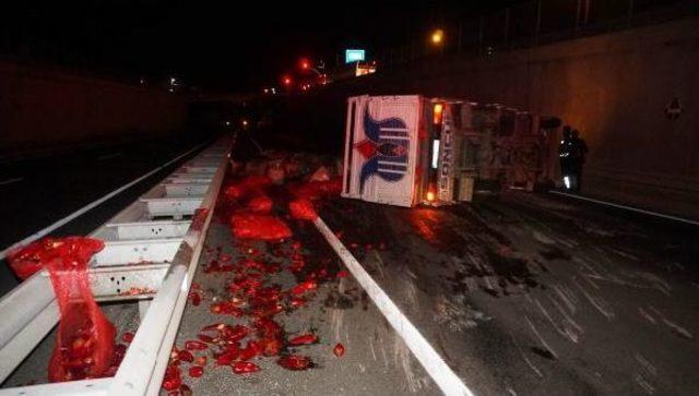 Sebze Y&uuml;kl&uuml; Kamyon Devrildi: 2 Yaralı 3