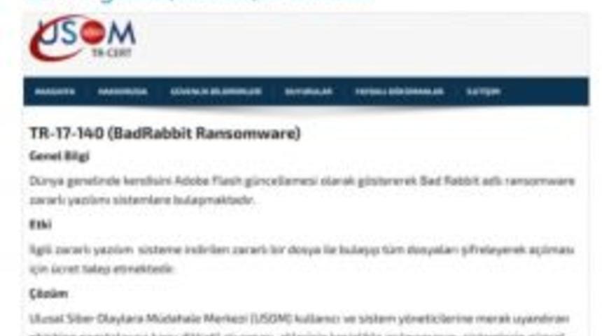 Ulusal Siber Olaylara Müdahale Merkezi’nden "badrabbit" Uyarısı