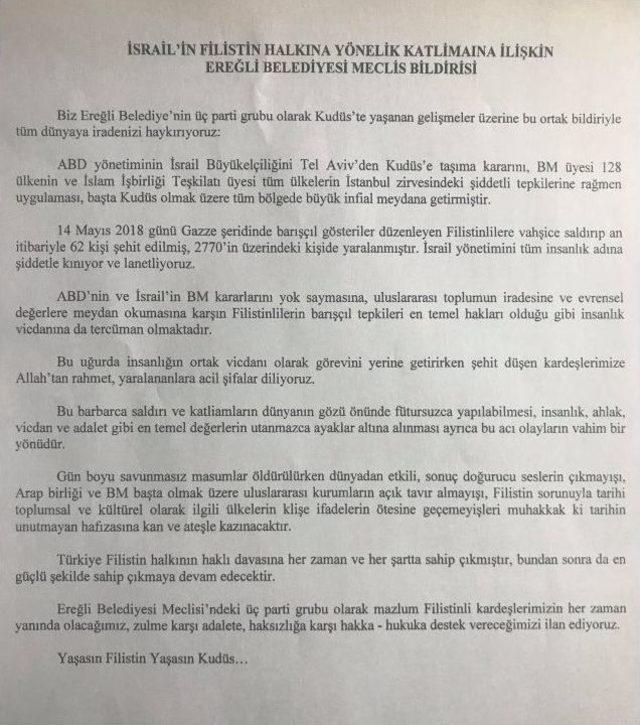 Ereğli Belediye Meclisi İsrail’i Kınadı