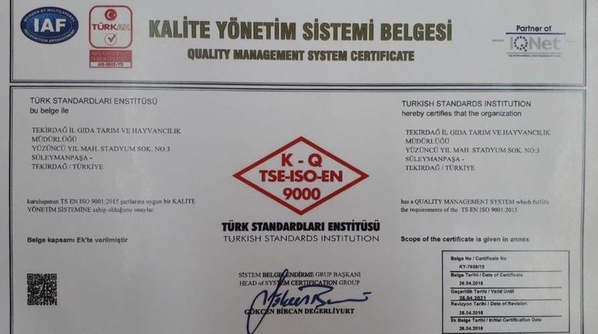 Tekirdağ İl Gıda Tarım Ve Hayvancılık M&uuml;d&uuml;rl&uuml;ğ&uuml;ne Kalite Belgesi
