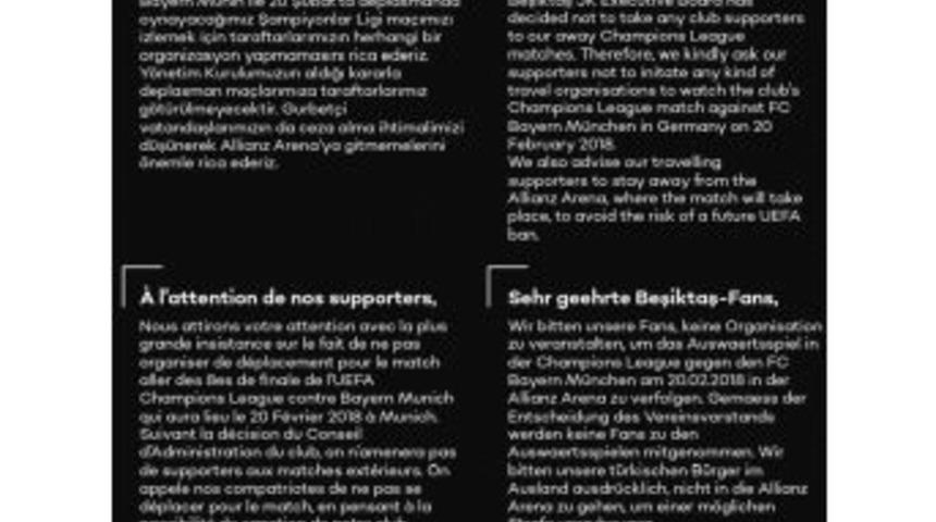 Beşiktaş&rsquo;tan Taraftara &Ccedil;ağrı