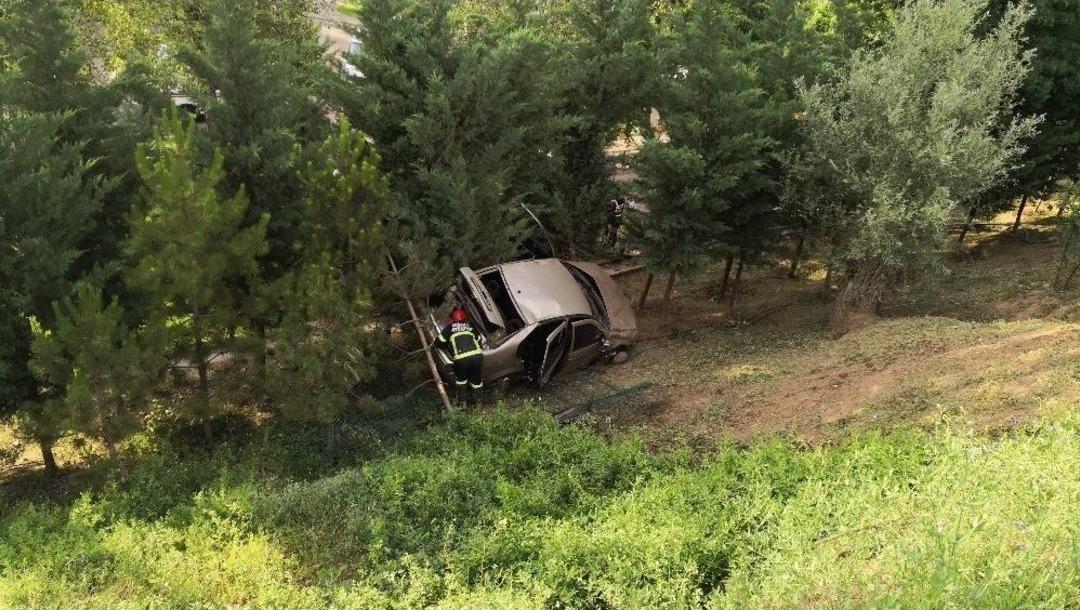 Otomobil Şarampole U&ccedil;tu, Ağa&ccedil;lar Olası Faciayı &Ouml;nledi