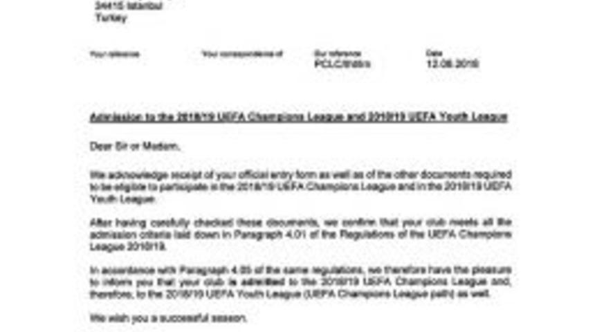 Galatasaray&rsquo;a Uefa&rsquo;dan Kabul Mektubu