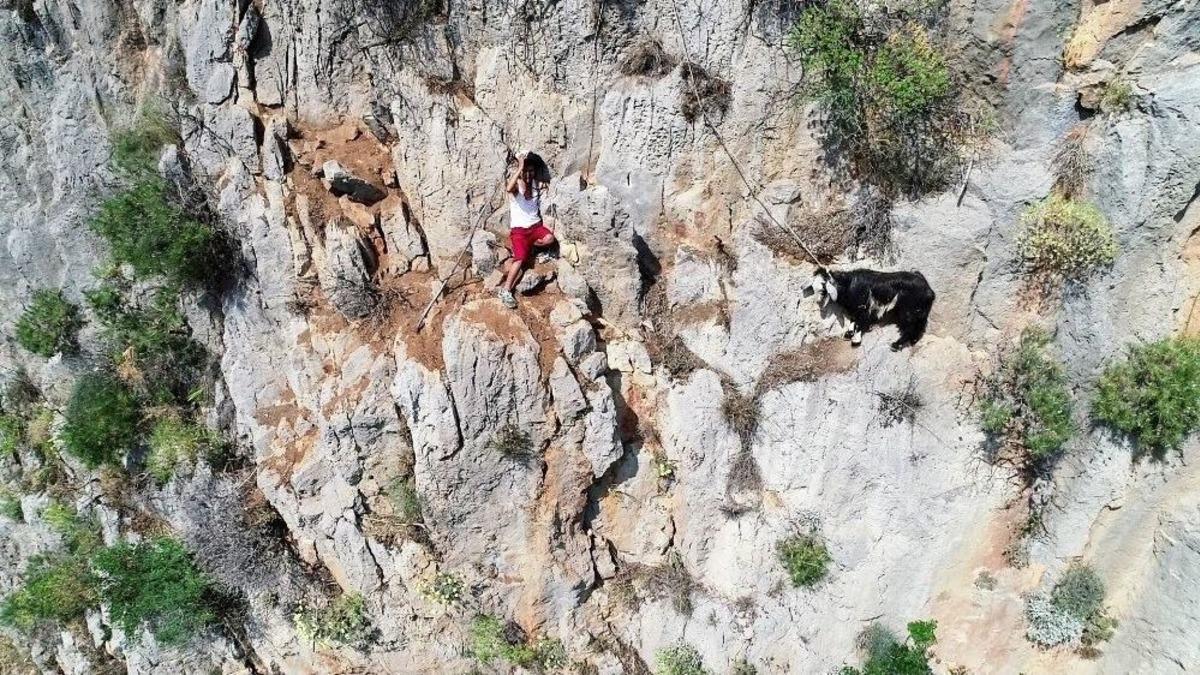 Kayalıklardaki Ke&ccedil;iyi Kurtarmak İsterken Kendi Mahsur Kaldı