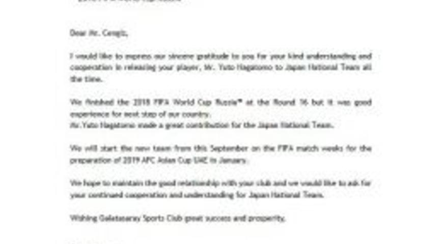 Japonya Futbol Federasyonu&rsquo;ndan Galatasaray&rsquo;a Nagatomo Teşekk&uuml;r&uuml;