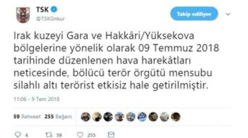 Irak Ve Hakkari&rsquo;de 6 Ter&ouml;rist Etkisiz Hale Getirildi