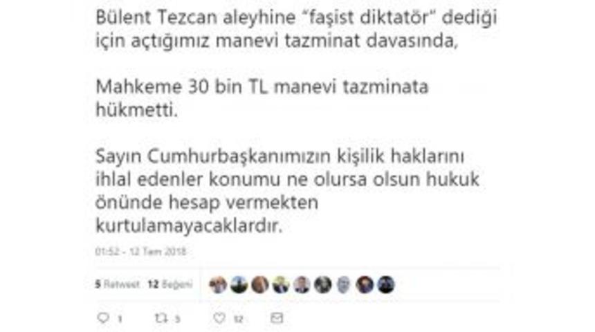 B&uuml;lent Tezcan&rsquo;a Cumhurbaşkanı Erdoğan&rsquo;a Hakaretten 30 Bin Tl&rsquo;lik Ceza
