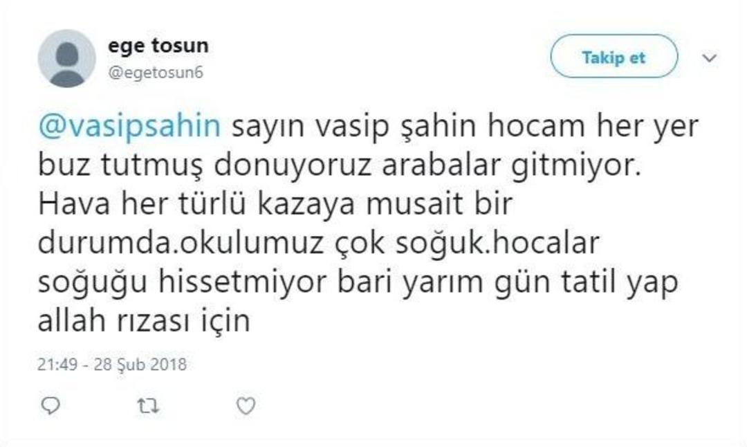 &Ouml;ğrencilerden Vasip Şahin&rsquo;e Kar Tatili Mesajları