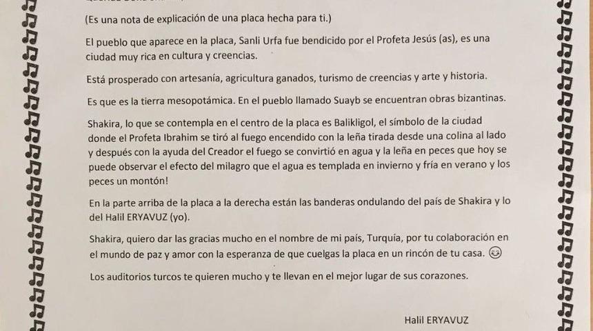 İş Adamından &Uuml;nl&uuml; Şarkıcı Shakira&rsquo;ya Mektup Ve Bakır Levha
