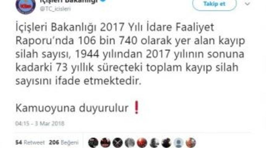 İçişleri Bakanlığından Kayıp Silah Sayısına İlişkin Açıklama