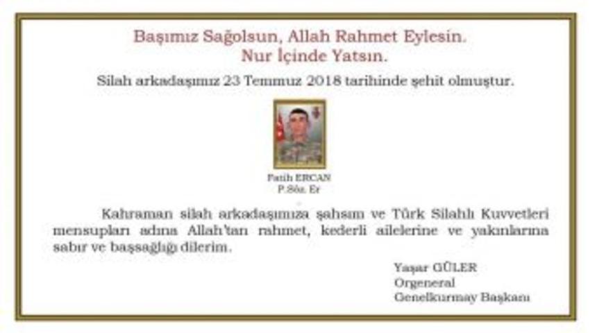Genelkurmay Başkanı Orgeneral G&uuml;ler&rsquo;den Şehit İ&ccedil;in Başsağlığı Mesajı