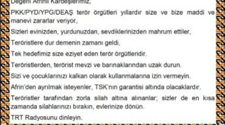 Tsk&rsquo;dan Afrin Halkına Bildiri