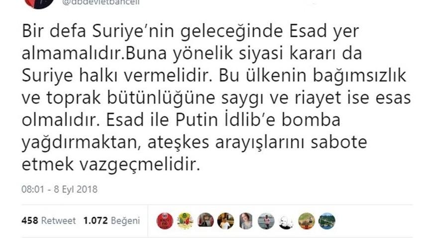 Bah&ccedil;eli: "suriye&rsquo;nin Geleceğinde Esad Yer Almamalıdır"