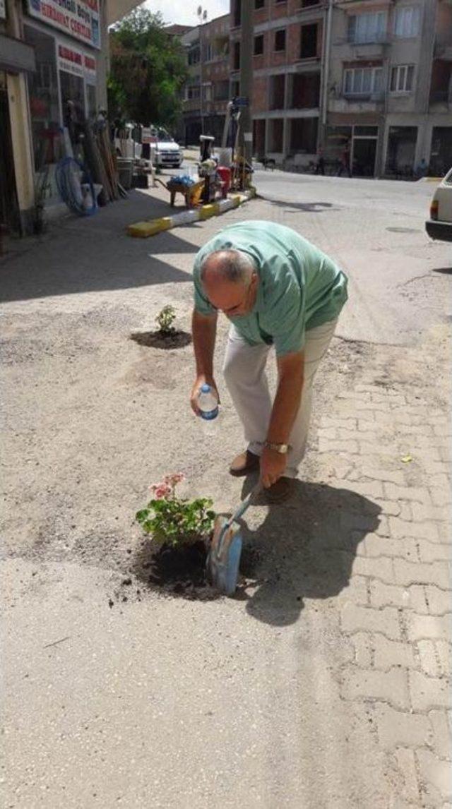 Edirne İl Genel Meclis Üyesi Yol Ortasına Çiçek Dikti