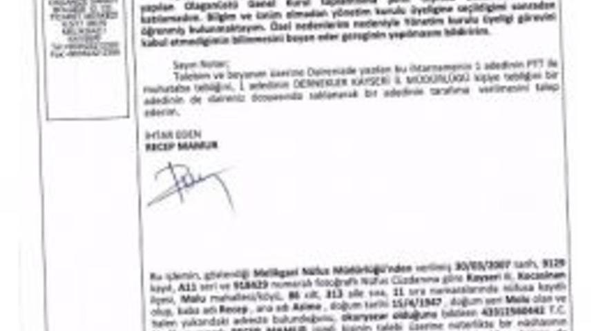 Recep Mamur&rsquo;dan Kayserispor&rsquo;a Noterli İstifa