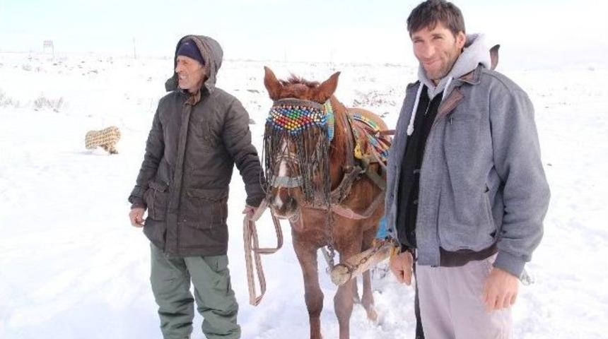 (&ouml;zel Haber) Donmayan G&ouml;lde Atlı Kızak Keyfi Başladı
