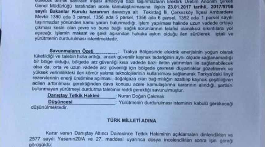 Danıştay'dan Silivri, &Ccedil;erkezk&ouml;y Arasında Kurulacak Termik Santrale Durdurma
