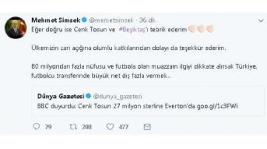 Şimşek, &lsquo;beşiktaş&rsquo; Ve &rsquo;cenk Tosun&rsquo; A Teşekk&uuml;r Mesajı Yayınladı