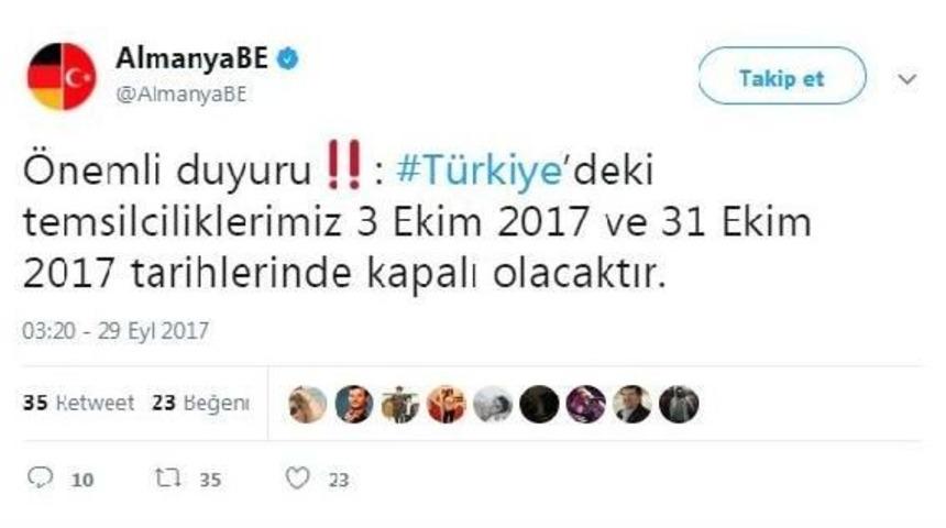 Almanya B&uuml;y&uuml;kel&ccedil;iliği: T&uuml;rkiye'deki Temsilciliklerimiz 3 Ekim Ve 31 Ekim Tarihlerinde Kapalı Olacak (2) - (Yeniden)