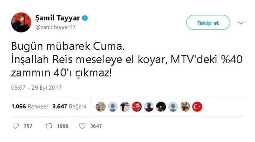 Şamil Tayyar&rsquo;dan Mtv Zammı Yorumu: &ldquo;inşallah Y&uuml;zde 40 Zammın 40&rsquo;ı &Ccedil;ıkmaz&rdquo;