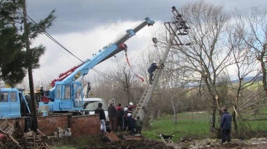 Devrilen Elektrik Direklerinin Tamiratı Yapılıyor