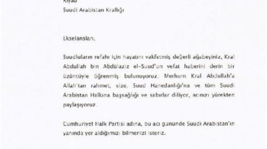 Kılı&ccedil;daroğlu'ndan, Kral Abdullah I&ccedil;in Taziye Mektubu