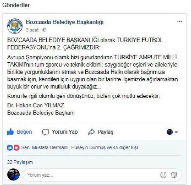 Başkan Yılmaz, Ampute Milli Takımı'nı Bozcaada'ya Davet Etti