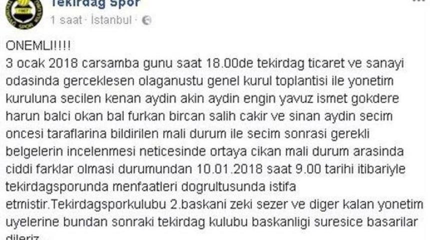 Tekirdağspor’un Yeni Başkanı İstifa Etti