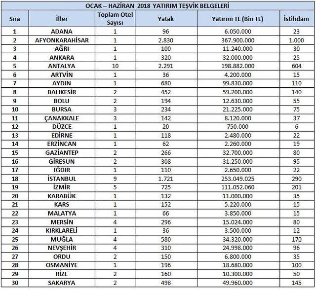 Yılın ilk yarısında 1.6 milyar liralık 92 otel projesine teşvik