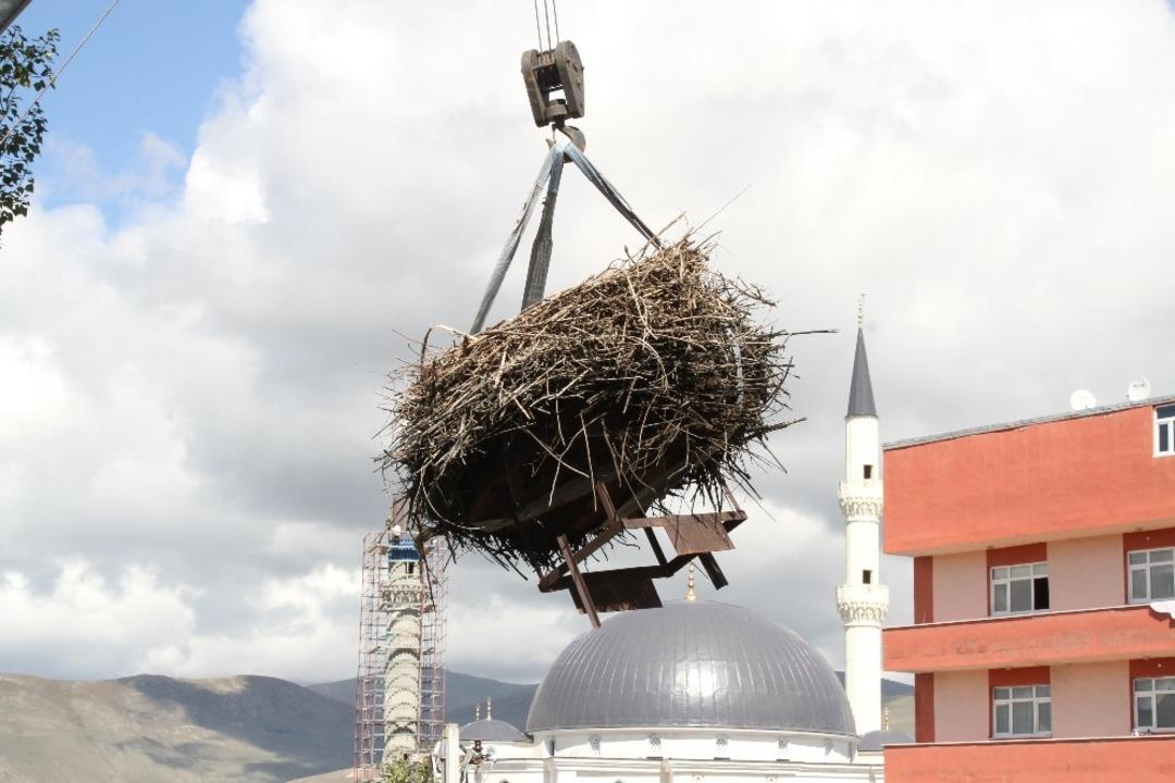 Sağlık merkezindeki 54 yıllık leylek yuvası vin&ccedil;le taşındı