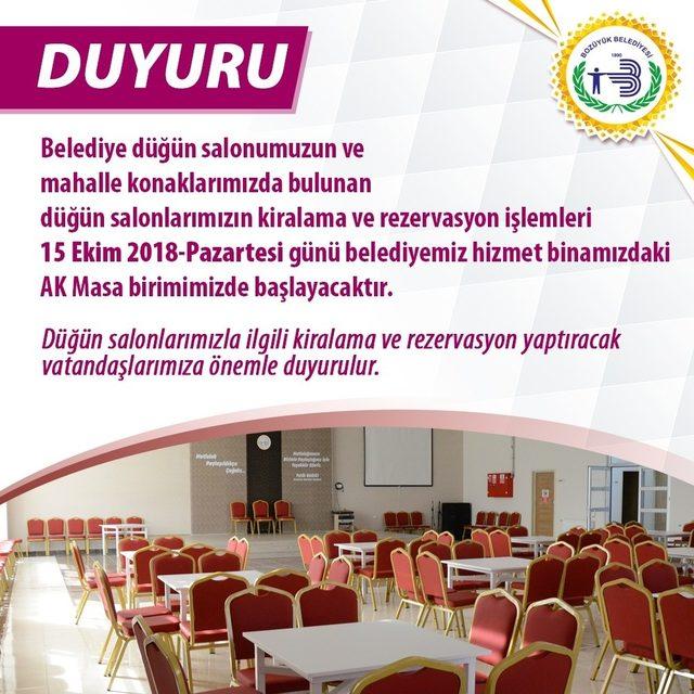 Bozüyük’te düğün salonu kayıtları 15 Ekim 2018 Pazartesi günü başlayacak