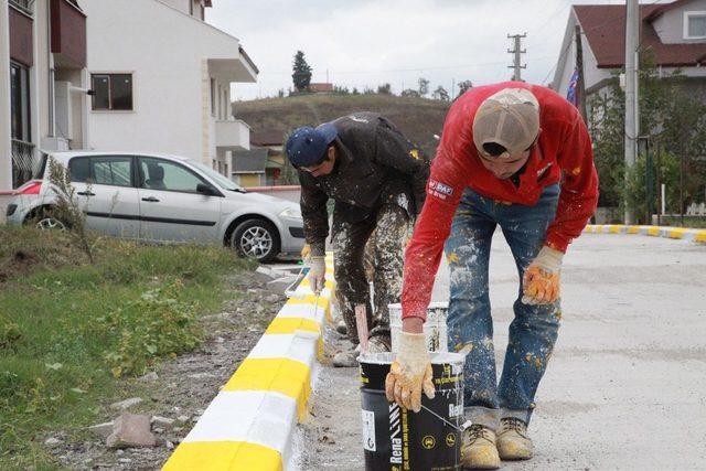 Başiskele’de kaldırım bordürleri boyanıyor