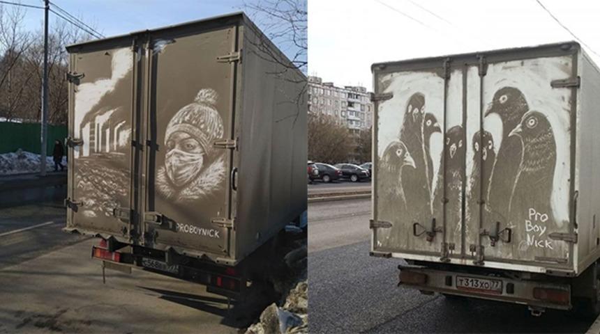 Rus sanatçının kirli arabalar üzerinde yaptığı harika çizimler