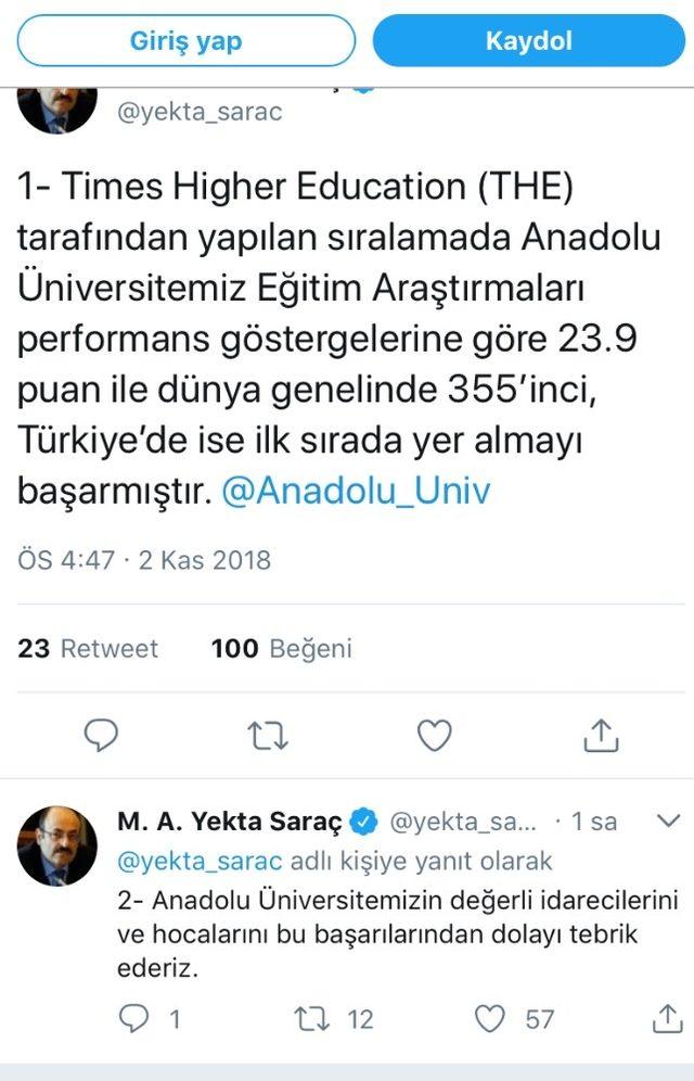 Anadolu Üniversitesinin başarısına YÖK Başkanından tebrik