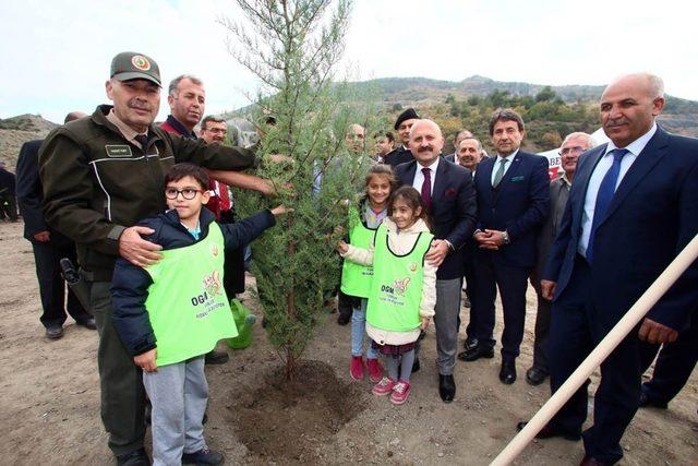 Yöneticilerle öğrenciler birlikte fidan dikti