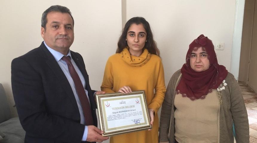 Organ bağışı yapan aileye teşekkür belgesi